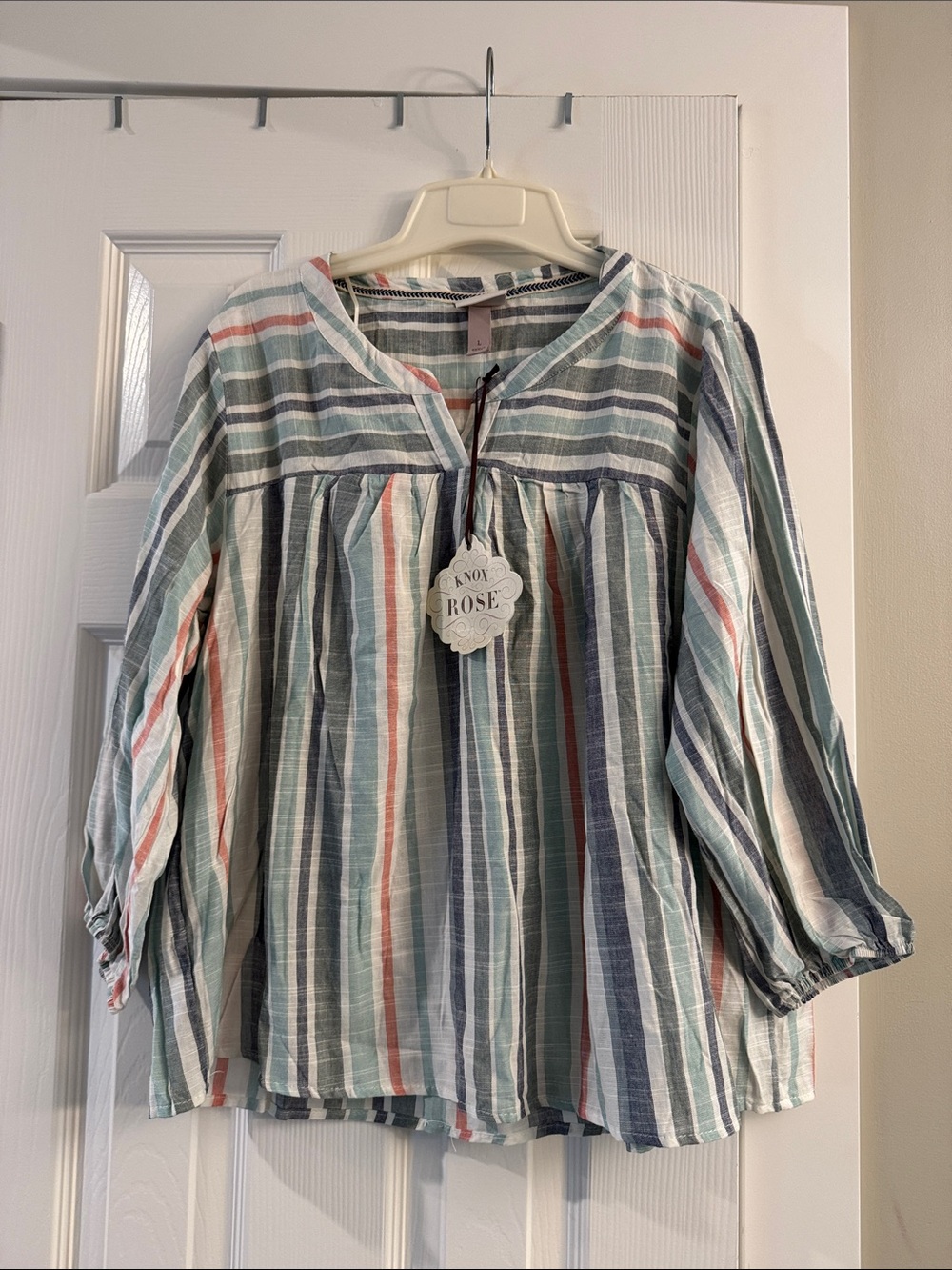 Knox Rose Striped Peasant Tunic in White, Blue, Green, Coral
